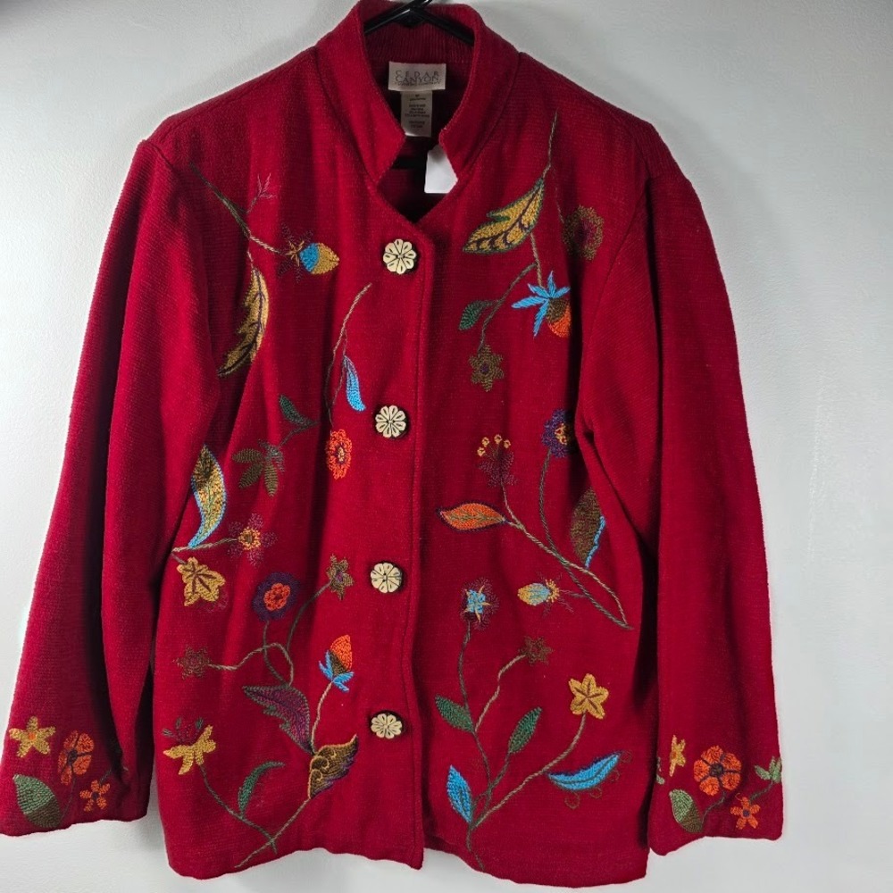 Cedar Canyon Vintage  Red‎ Floral Boho  Embroidered Cotton Jacket Women's Medium